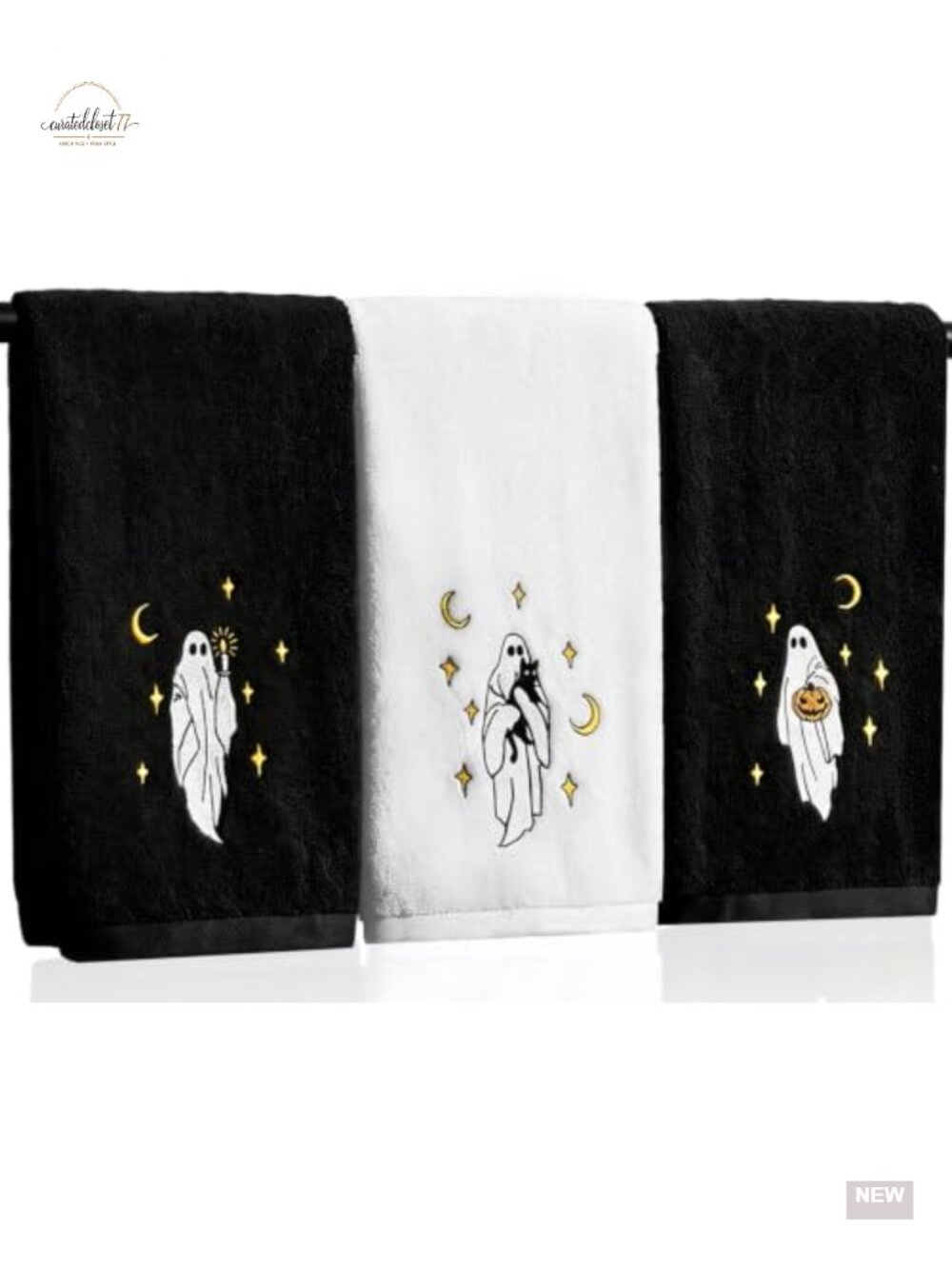 3-Pack Halloween Hand Towels Ghost Embroidery Cotton Absorbent Kitchen Bath